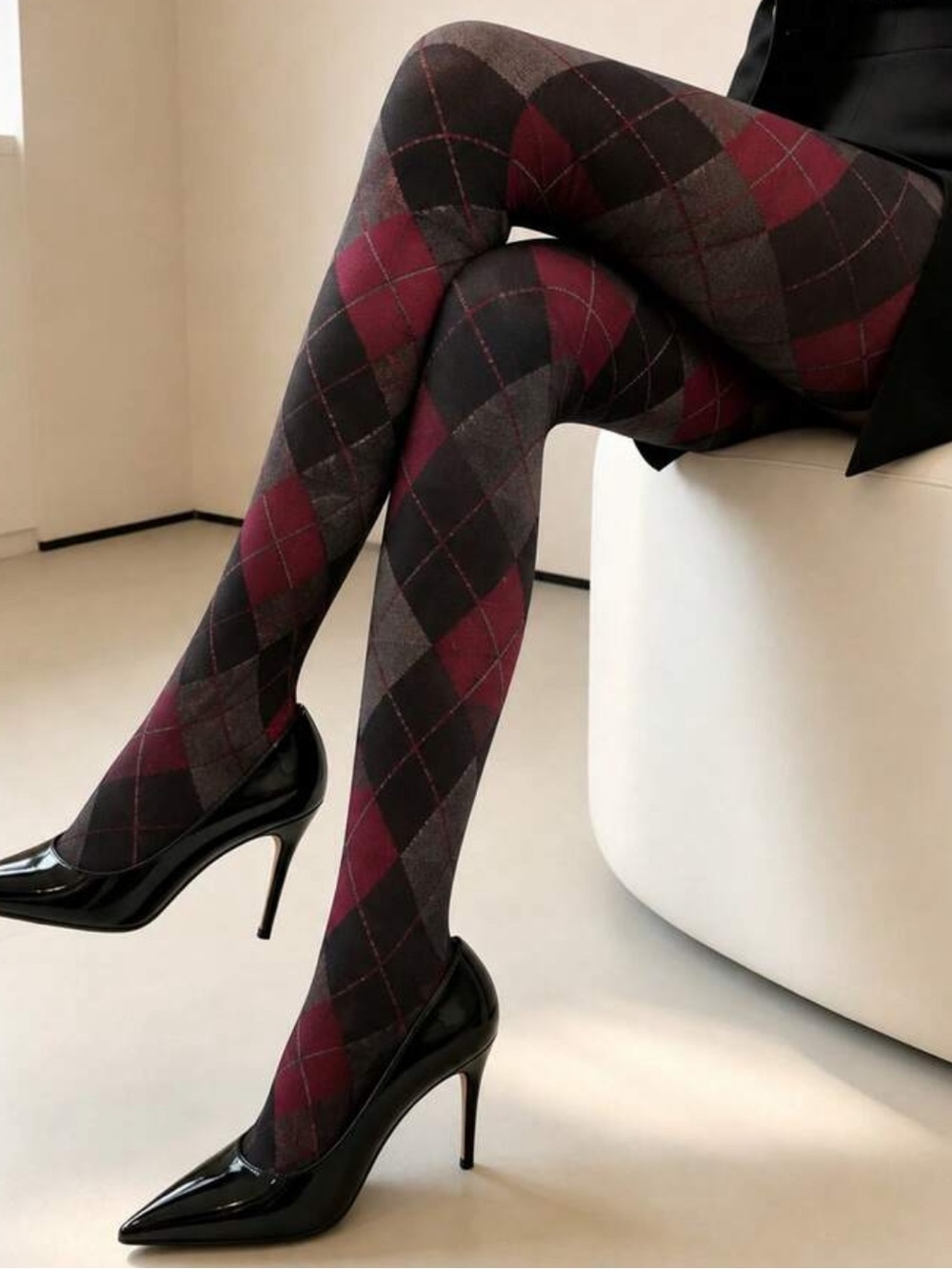 Academia Plaid Argyle Opaque Tights Scarlet Black & Gray Preppy